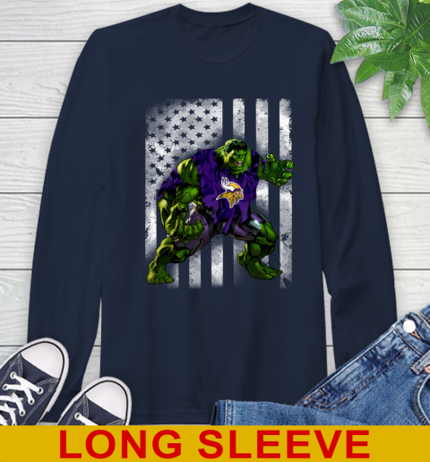 Minnesota Vikings Hulk Marvel Avengers NFL Football American Flag Long Sleeve T-Shirt 3