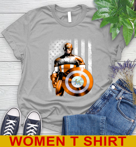 Miami Marlins MLB Baseball Captain America Marvel Avengers American Flag Shirt Women's T-Shirt 5