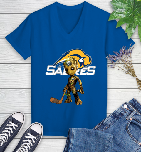 Buffalo Sabres NHL Hockey Groot Marvel Guardians Of The Galaxy Women's V-Neck T-Shirt 10