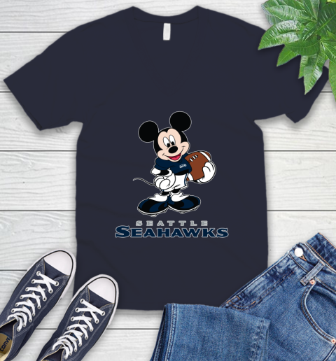 NFL Football Seattle Seahawks Cheerful Mickey Mouse Shirt V-Neck T-Shirt 3