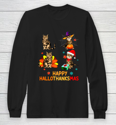 Cat Halloween Thanksgiving Christmas Happy Hallothanksmas Long Sleeve T-Shirt