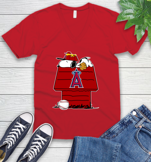 MLB Los Angeles Angels Snoopy Woodstock The Peanuts Movie Baseball T Shirt V-Neck T-Shirt 7