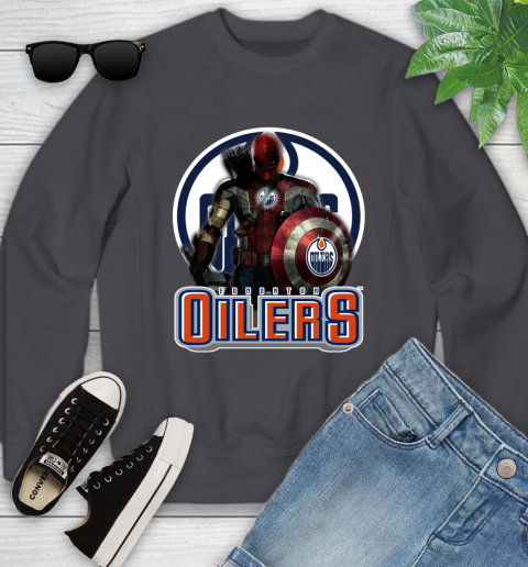 NHL Captain America Thor Spider Man Hawkeye Avengers Endgame Hockey Edmonton Oilers Youth Sweatshirt 6