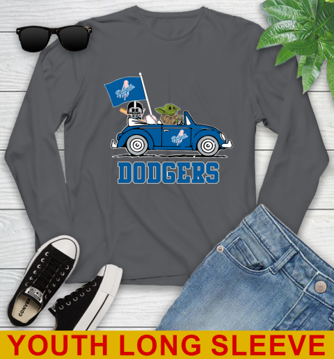 MLB Baseball Los Angeles Dodgers Darth Vader Baby Yoda Driving Star Wars Shirt Youth Long Sleeve - Image 10