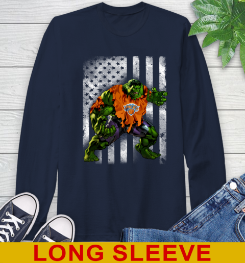 New York Knicks Hulk Marvel Avengers NBA Basketball American Flag Long Sleeve T-Shirt 3