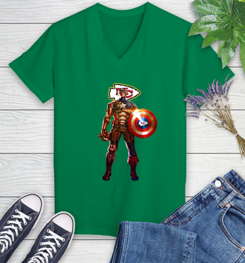 NFL Captain America Marvel Avengers Endgame Football Sports Kansas City Chiefs Women's V-Neck T-Shirt 5