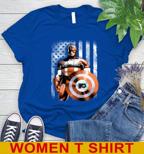 Philadelphia Flyers NHL Hockey Captain America Marvel Avengers American Flag Shirt Women's T-Shirt 10