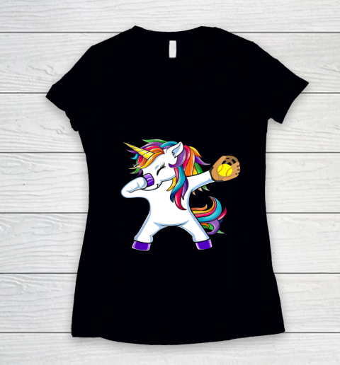 Dabbing Unicorn Softball T Shirt Funny Dab Gift Women's V-Neck T-Shirt