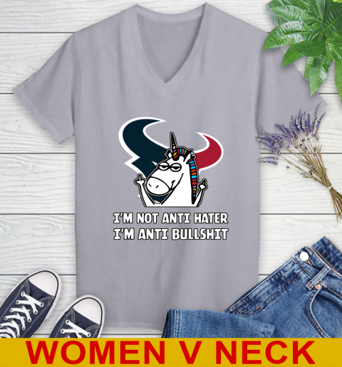 Houston Texans NFL Football Unicorn I'm Not Anti Hater I'm Anti Bullshit Women's V-Neck T-Shirt 5