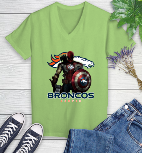 NFL Captain America Thor Spider Man Hawkeye Avengers Endgame Football Denver Broncos Women's V-Neck T-Shirt 11
