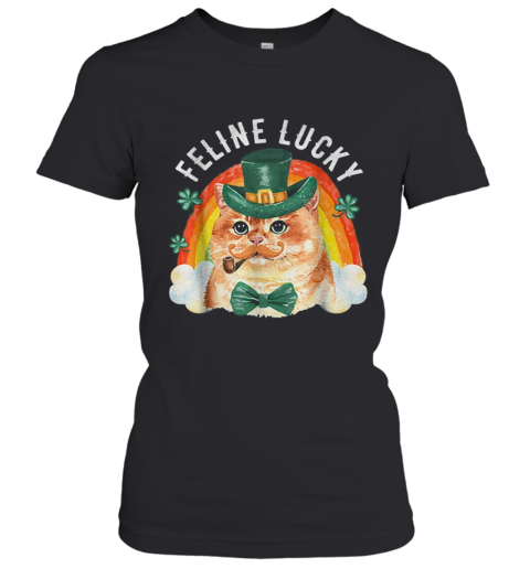 Feline Lucky St Patricks Day Funny Leprechaun Cat Rainbow Women's T-Shirt