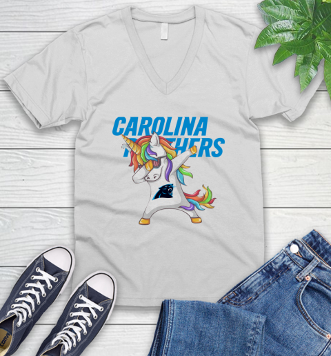 Carolina Panthers NFL Football Funny Unicorn Dabbing Sports V-Neck T-Shirt
