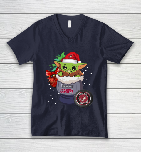Arizona Coyotes Christmas Baby Yoda Star Wars Funny Happy NHL V-Neck T-Shirt 3