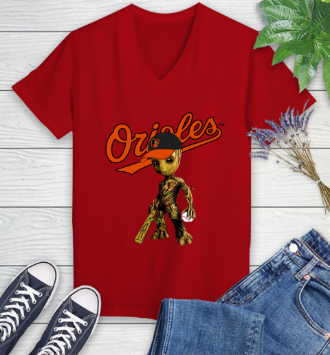 MLB Baltimore Orioles Groot Guardians Of The Galaxy Baseball Women's V-Neck T-Shirt 12