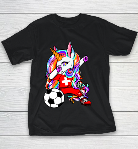 Dabbing Unicorn Switzerland Soccer Fans Jersey Flag Football Youth T-Shirt