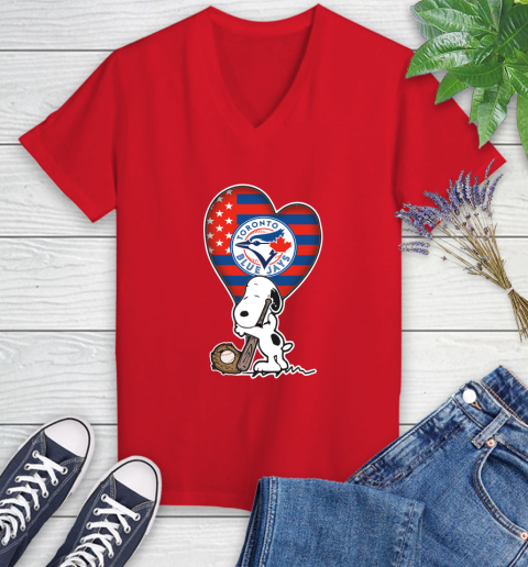 Toronto Blue Jays MLB Baseball The Peanuts Movie Adorable Snoopy Women's V-Neck T-Shirt 12