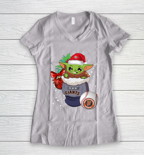 San Francisco Giants Christmas Baby Yoda Star Wars Funny Happy MLB Women's V-Neck T-Shirt 2