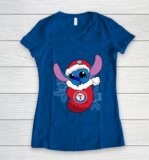 Texas Rangers Christmas Stitch In The Sock Funny Disney MLB Women's V-Neck T-Shirt 9