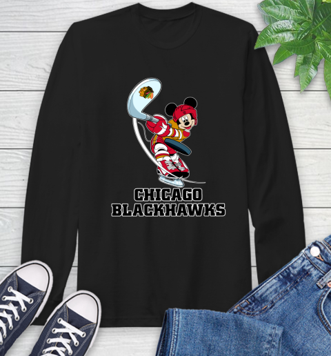 NHL Hockey Chicago Blackhawks Cheerful Mickey Mouse Shirt Long Sleeve T-Shirt