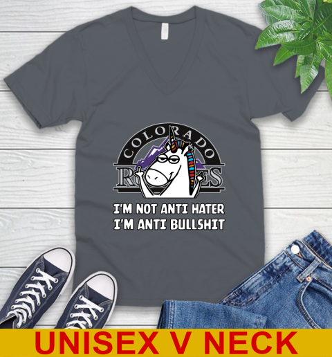 Colorado Rockies MLB Baseball Unicorn I'm Not Anti Hater I'm Anti Bullshit V-Neck T-Shirt - Image 6