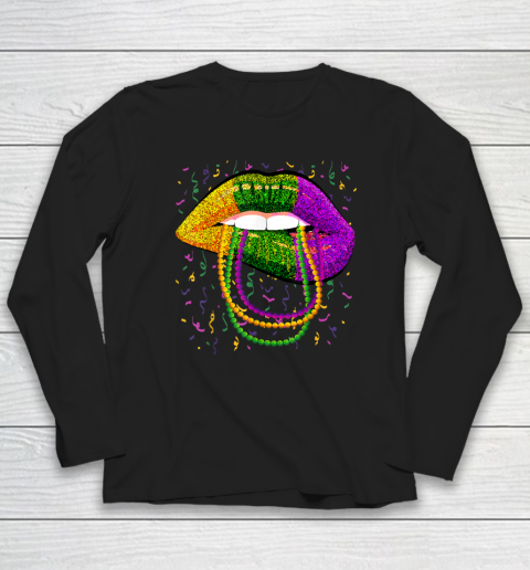 Mardi Gras Lips Queen Beads Outfit For Women Carnival Long Sleeve T-Shirt
