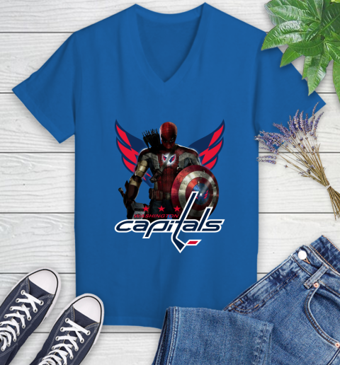 NHL Captain America Thor Spider Man Hawkeye Avengers Endgame Hockey Washington Capitals Women's V-Neck T-Shirt 10