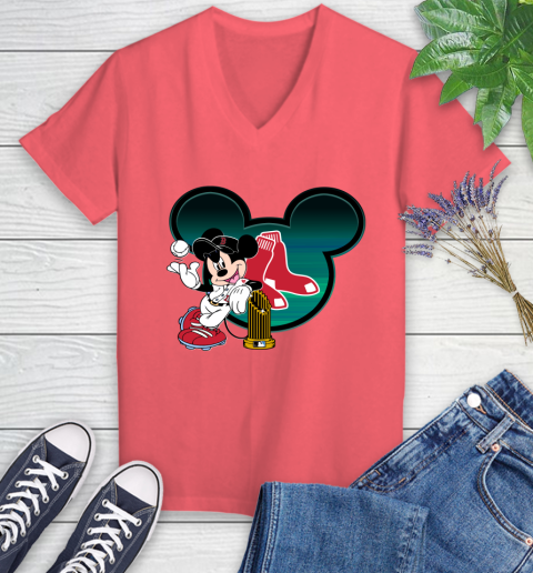 MLB Boston Red Sox The Commissioner's Trophy Mickey Mouse Disney Women's V-Neck T-Shirt 6