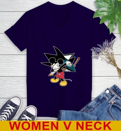 San Jose Sharks NHL Hockey Dabbing Mickey Disney Sports Women's V-Neck T-Shirt 4