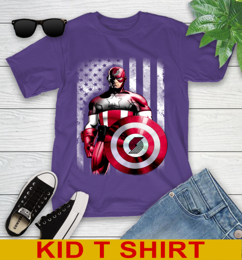 Portland Trail Blazers NBA Basketball Captain America Marvel Avengers American Flag Shirt Youth T-Shirt 3