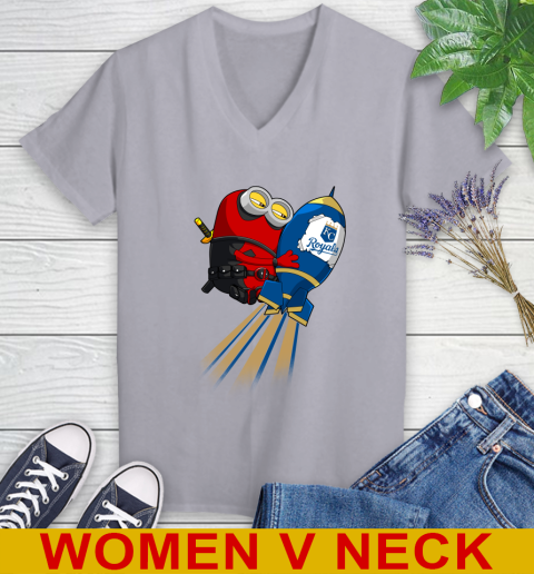 MLB Baseball Kansas City Royals Deadpool Minion Marvel Shirt Women's V-Neck T-Shirt 4
