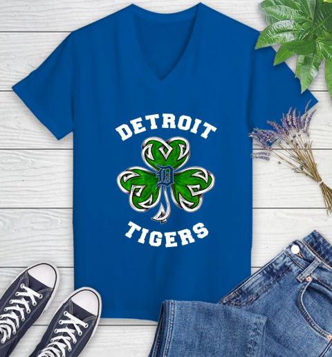 MLB Detroit Tigers Three Leaf Clover St Patrick's Day Baseball Sports Women's V-Neck T-Shirt 10