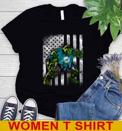 Miami Dolphins Hulk Marvel Avengers NFL Football American Flag Women's T-Shirt