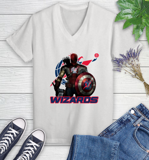 Washington Wizards NBA Basketball Captain America Thor Spider Man Hawkeye Avengers Women's V-Neck T-Shirt