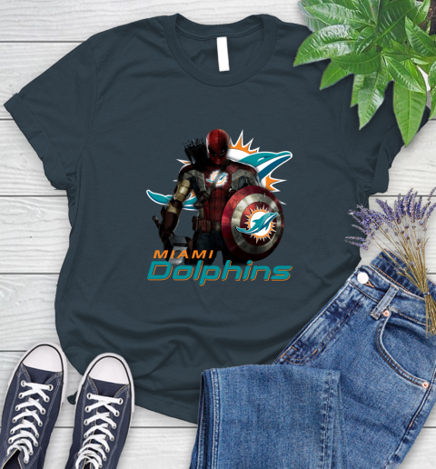 NFL Captain America Thor Spider Man Hawkeye Avengers Endgame Football Miami Dolphins Women's T-Shirt 8