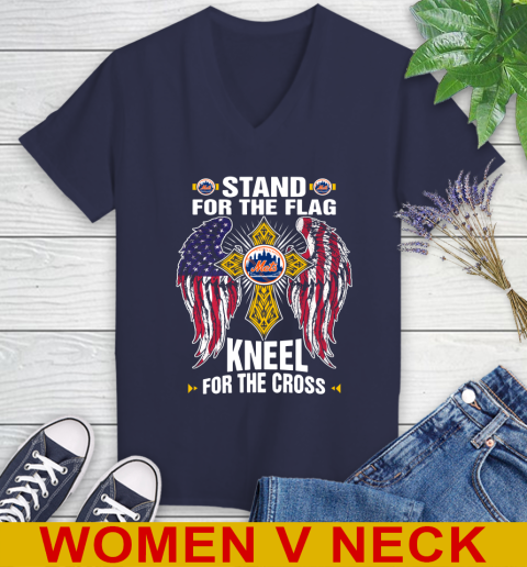 MLB Baseball New York Mets Stand For Flag Kneel For The Cross Shirt Women's V-Neck T-Shirt 12