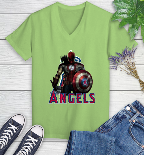 MLB Captain America Thor Spider Man Hawkeye Avengers Endgame Baseball Los Angeles Angels Women's V-Neck T-Shirt 11
