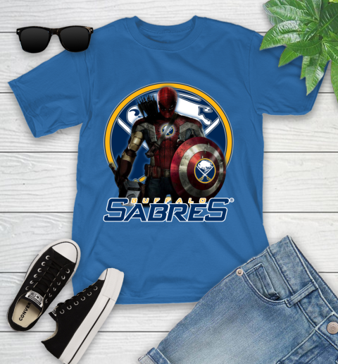 NHL Captain America Thor Spider Man Hawkeye Avengers Endgame Hockey Buffalo Sabres Youth T-Shirt 9