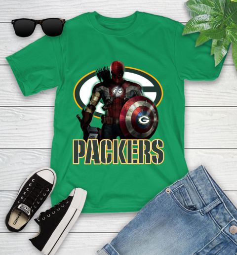 NFL Captain America Thor Spider Man Hawkeye Avengers Endgame Football Green Bay Packers Youth T-Shirt 6