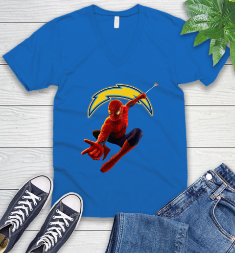 NFL Spider Man Avengers Endgame Football Los Angeles Chargers V-Neck T-Shirt 7 NFL Spider Man Avengers Endgame Football Los Angeles Chargers V-Neck T-Shirt - Image 7