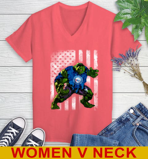 Philadelphia 76ers Hulk Marvel Avengers NBA Basketball American Flag Women's V-Neck T-Shirt 6