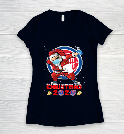 Detroit Pistons Funny Santa Claus Dabbing Christmas 2020 NBA Women's V-Neck T-Shirt 2