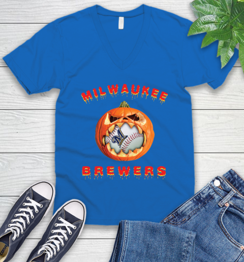 MLB Milwaukee Brewers Halloween Pumpkin Baseball Sports V-Neck T-Shirt 6