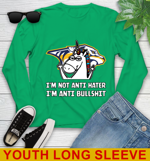Nashville Predators NHL Hockey Unicorn I'm Not Anti Hater I'm Anti Bullshit Youth Long Sleeve 7