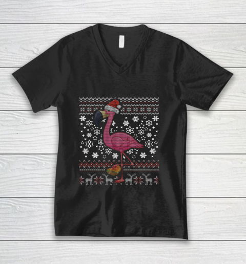 Flamingo Taco Santa Hat Mexican Tacos Ugly Christmas V-Neck T-Shirt