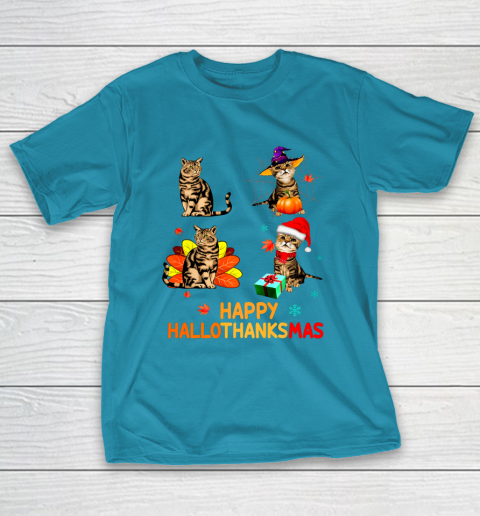 Cat Halloween Thanksgiving Christmas Happy Hallothanksmas T-Shirt 7