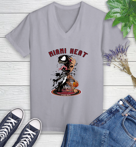 NBA Miami Heat Basketball Venom Groot Guardians Of The Galaxy Women's V-Neck T-Shirt 4