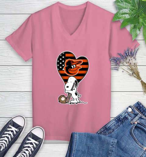 Baltimore Orioles MLB Baseball The Peanuts Movie Adorable Snoopy Women's V-Neck T-Shirt 13