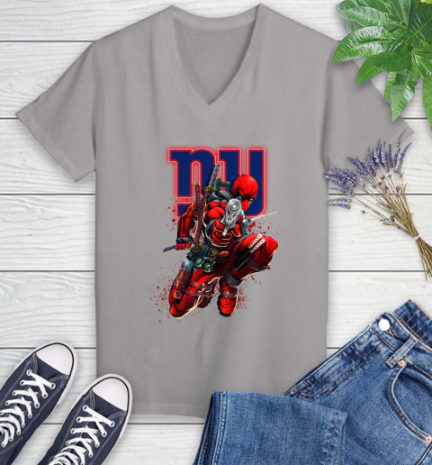 NFL Deadpool Marvel Comics Sports Football New York Giants Women's V-Neck T-Shirt 4