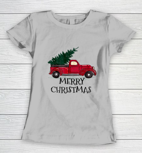 Vintage Red Truck With Merry Christmas Tree Women's T-Shirt 3