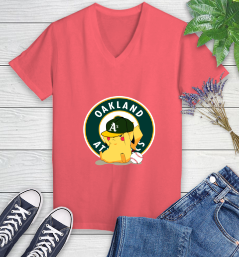 MLB Pikachu Baseball Sports Oakland Athletics Women's V-Neck T-Shirt 6